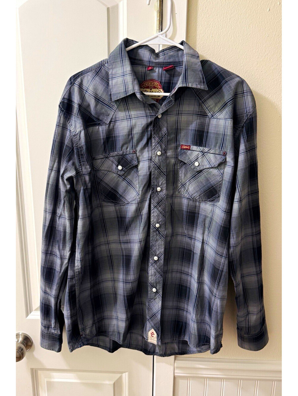 Red Dirt Rafter C Men’s Gray/Blue Plaid Long Sleeve Button-Up w/ Pockets XL